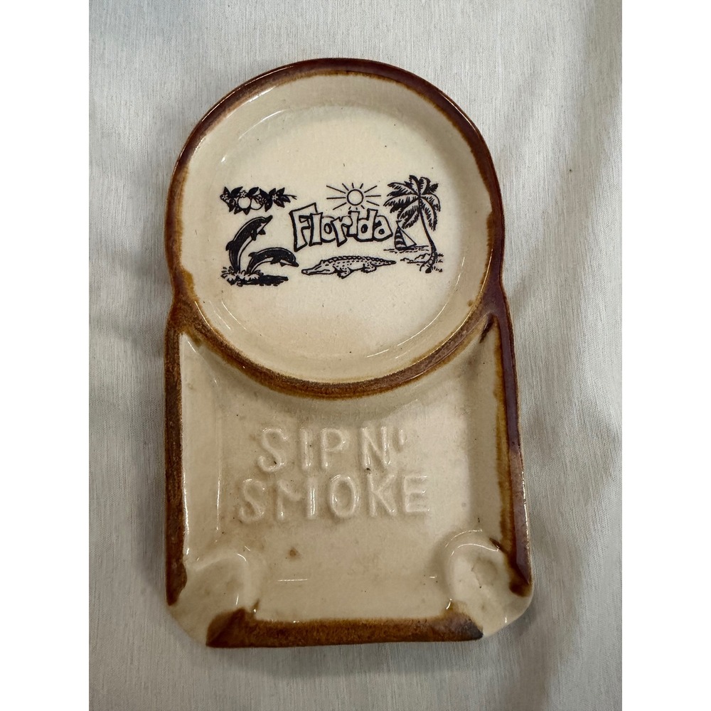 Vintage 1970s ceramic Florida Sip N' Smoke Coaster Ashtray Tan Florida Souvenir